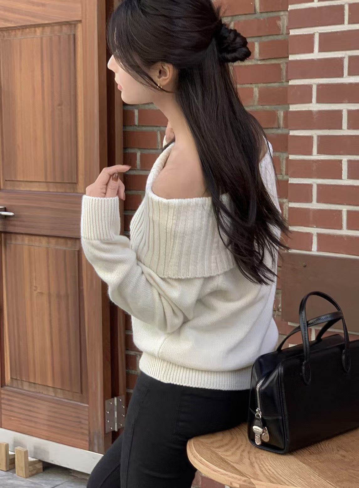 Off-Shoulder Long-Sleeve Knit Top