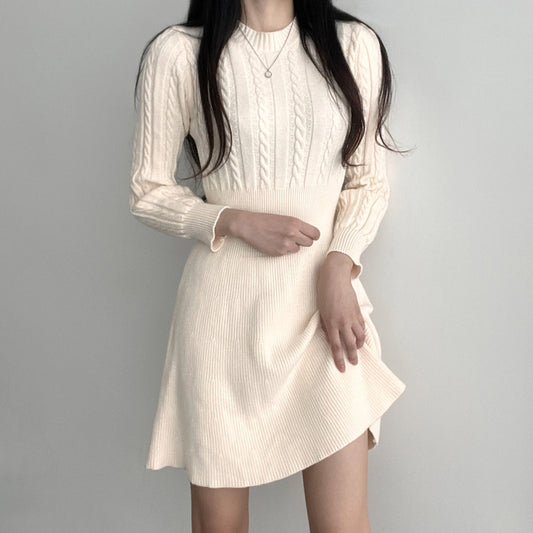 Crew Neck Cable-knit Waist-accentuating A-line Knitted Dress