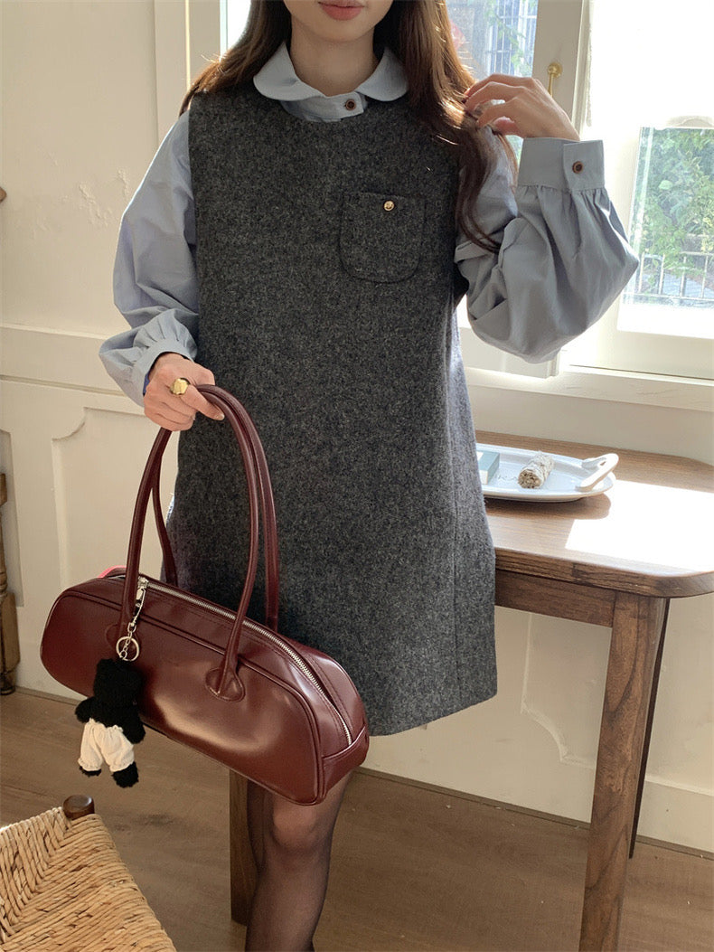 Loose Puff Sleeve Shirt + Wool Vest Dress Set