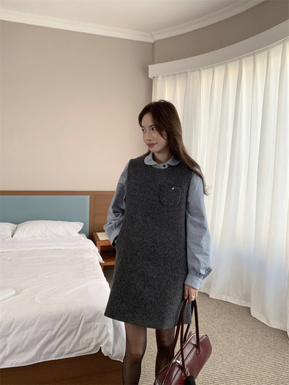 Loose Puff Sleeve Shirt + Wool Vest Dress Set