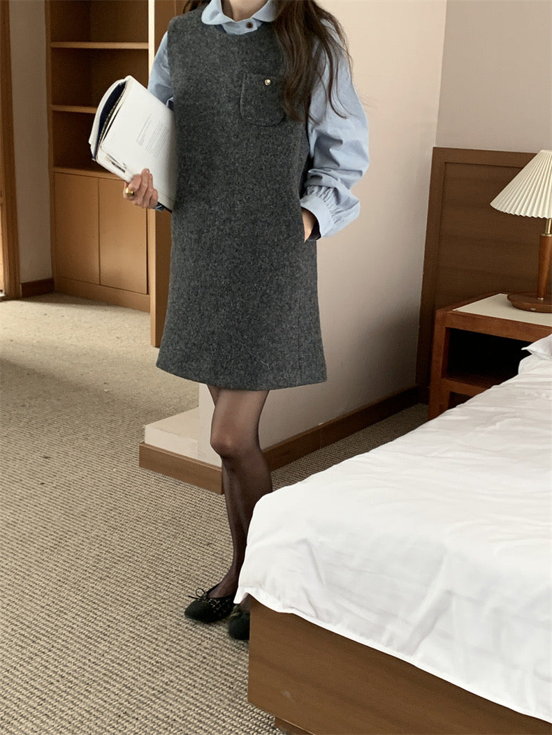 Loose Puff Sleeve Shirt + Wool Vest Dress Set