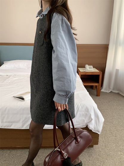 Loose Puff Sleeve Shirt + Wool Vest Dress Set