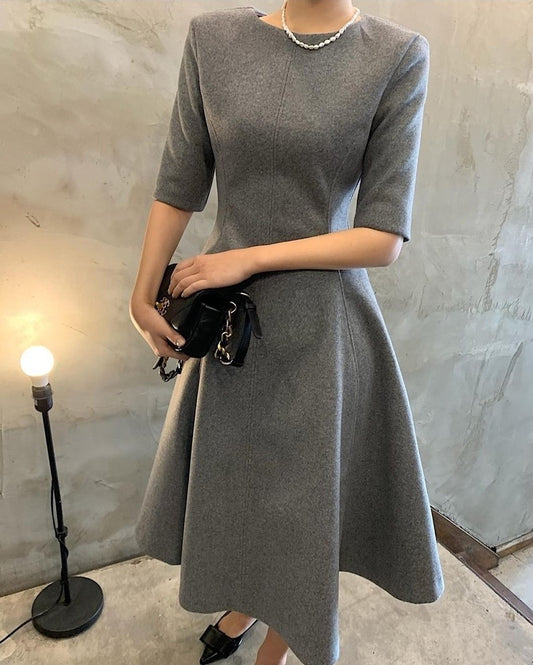 Round Neck Waist-Cinching A-Line Dress