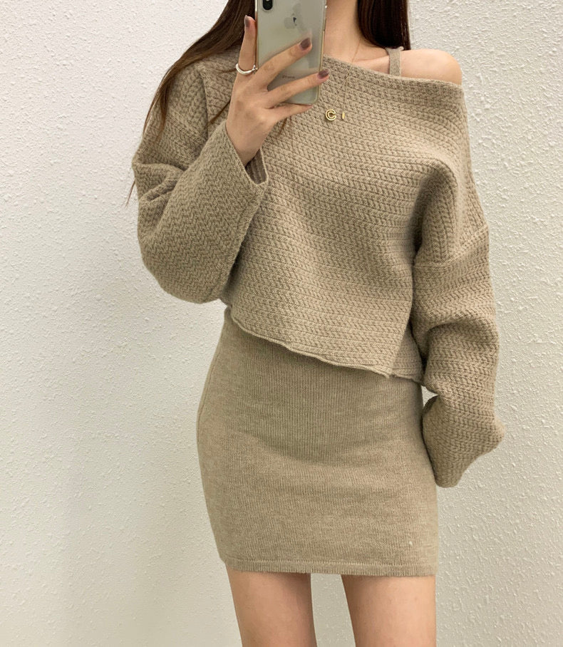 Asymmetrical Off-Shoulder Knit Top + Bodycon Camisole Dress Set