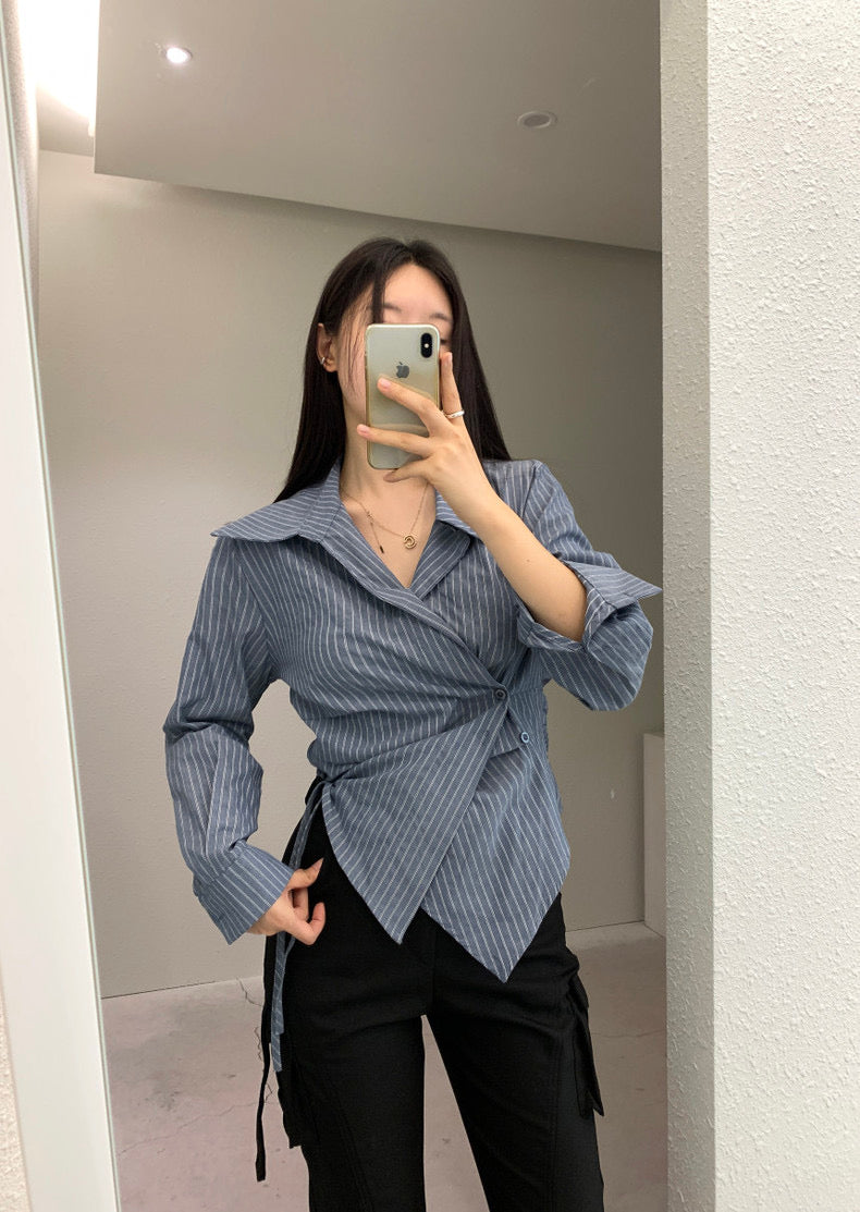 One-piece Button Waist-Defining Striped Shirt