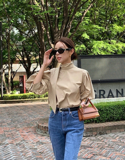 Stand Collar Bow Tie Puff Sleeve Shirt