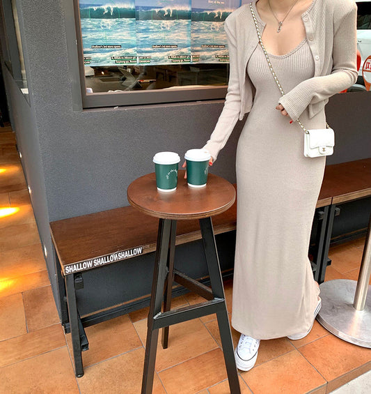 French Style Long-Sleeve Cardigan + Knit Bodycon Strap Dress Set