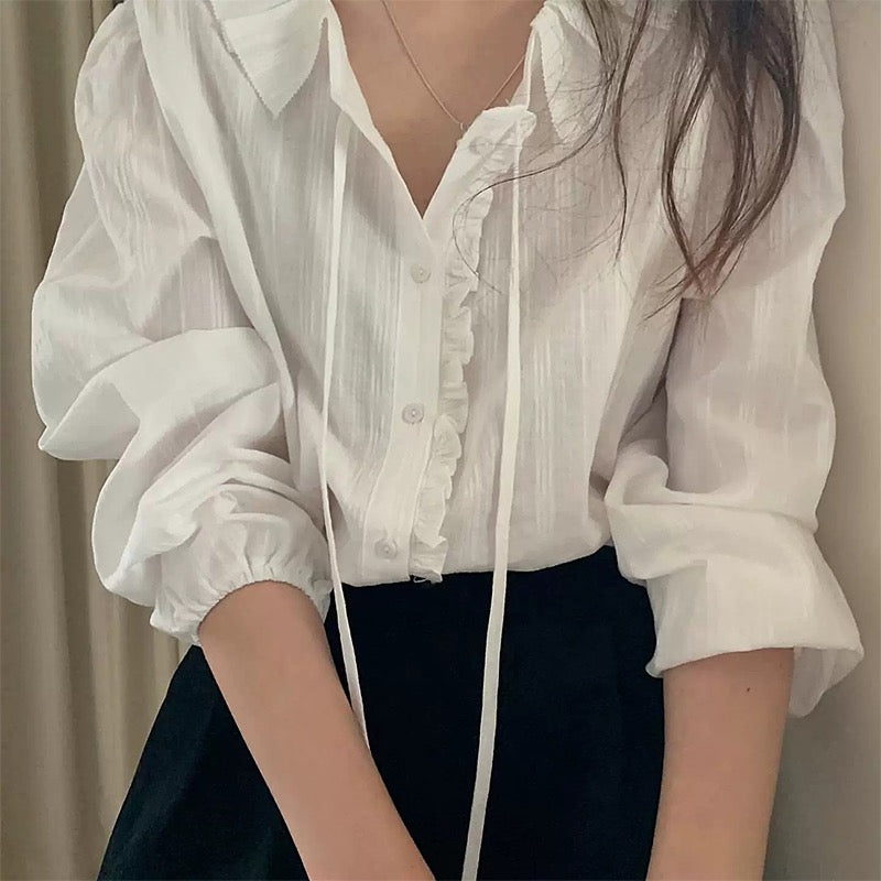 Blouse with Ribbon Tie and Ruffled Edge