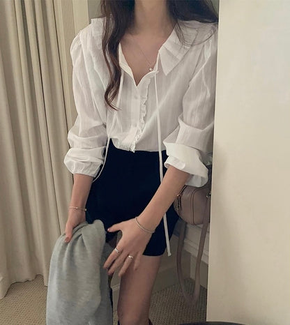 Blouse with Ribbon Tie and Ruffled Edge