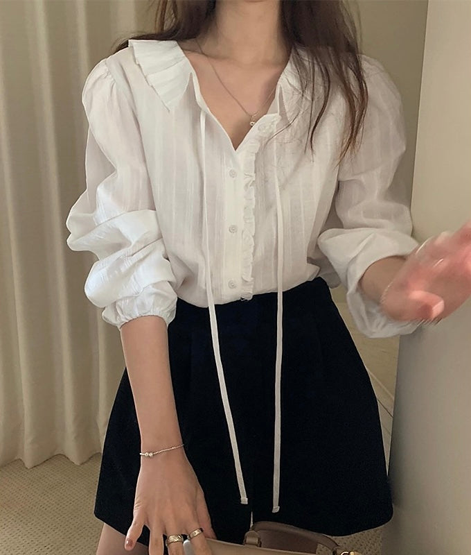 Blouse with Ribbon Tie and Ruffled Edge