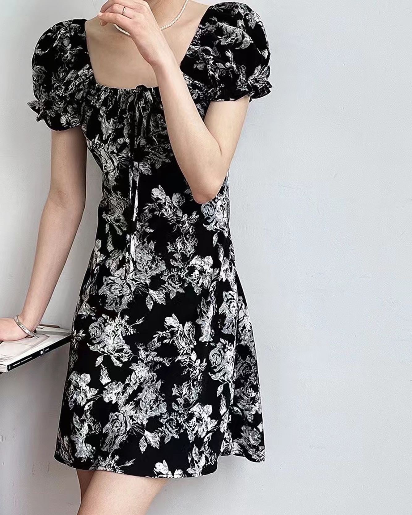 Square Neck Floral Short Dress