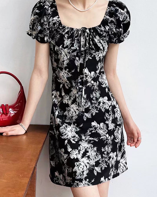 Square Neck Floral Short Dress