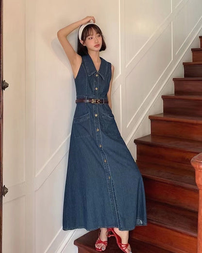 Vest Button Denim Maxi Dress