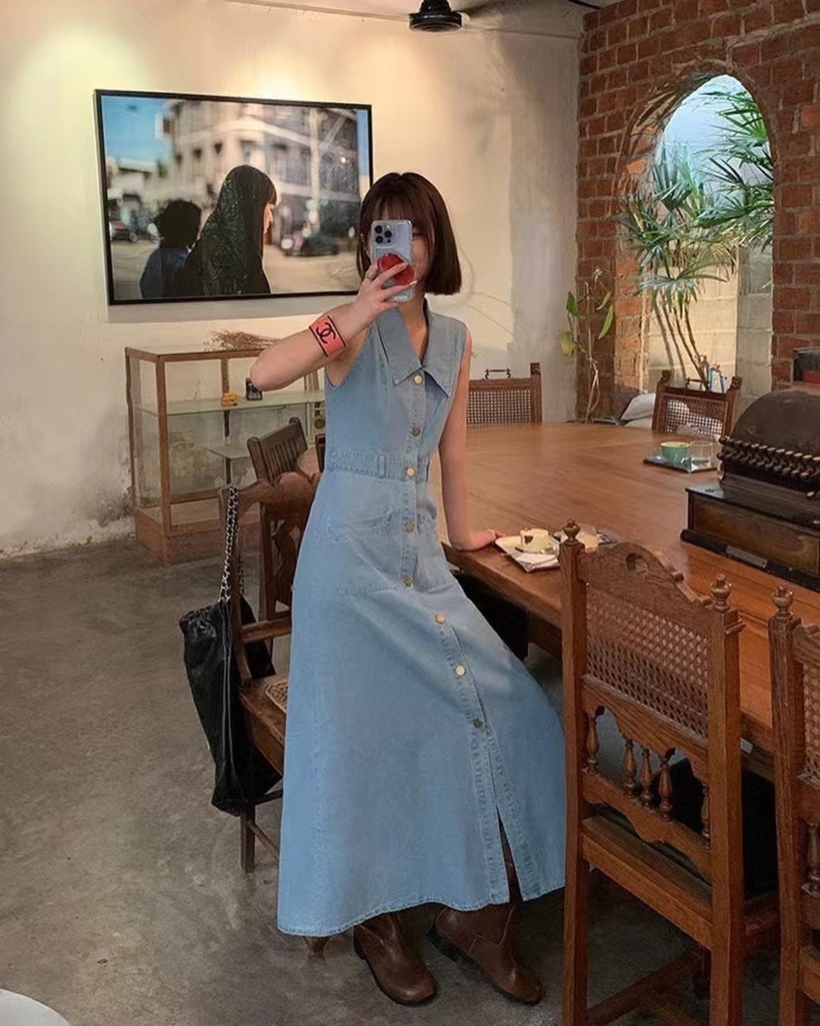 Vest Button Denim Maxi Dress