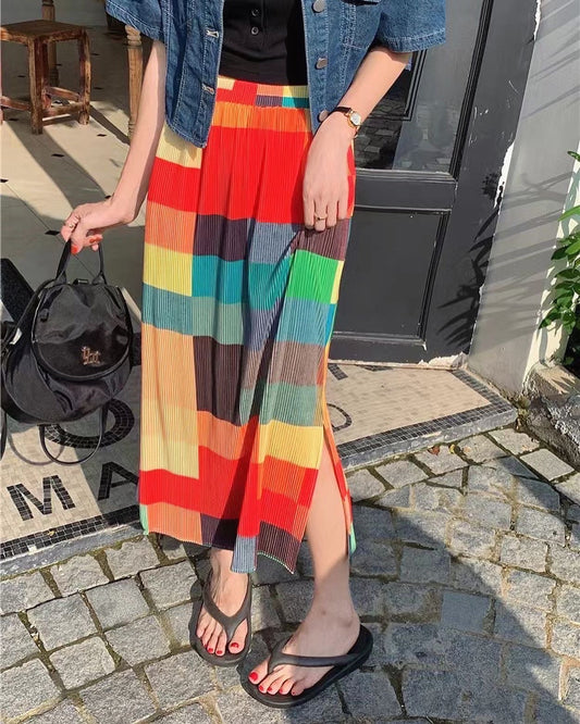 Rainbow Plaid Slit Skirt