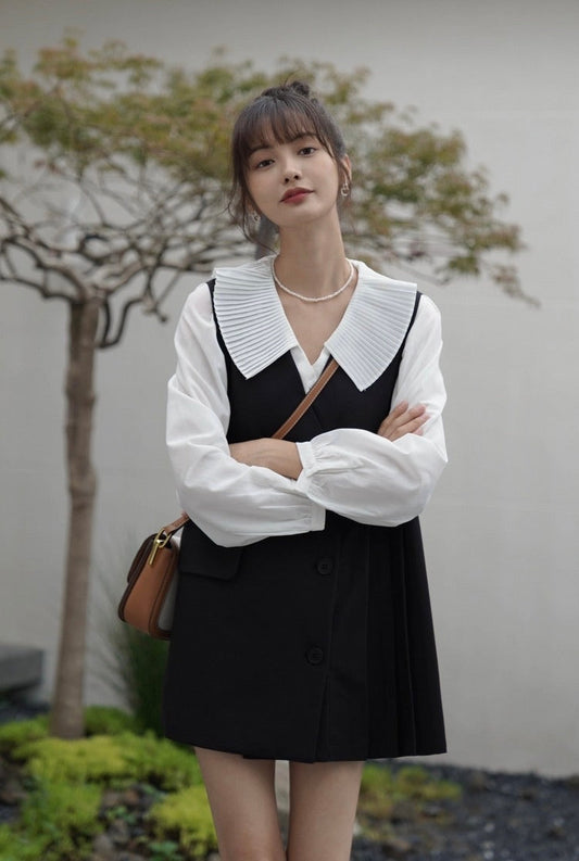 Pleated Collar Shirt Dress Set