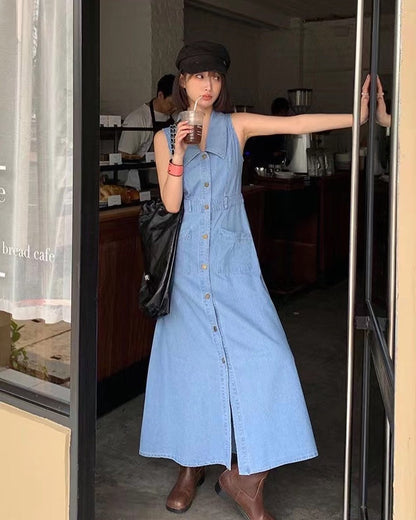 Vest Button Denim Maxi Dress