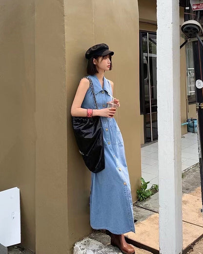 Vest Button Denim Maxi Dress