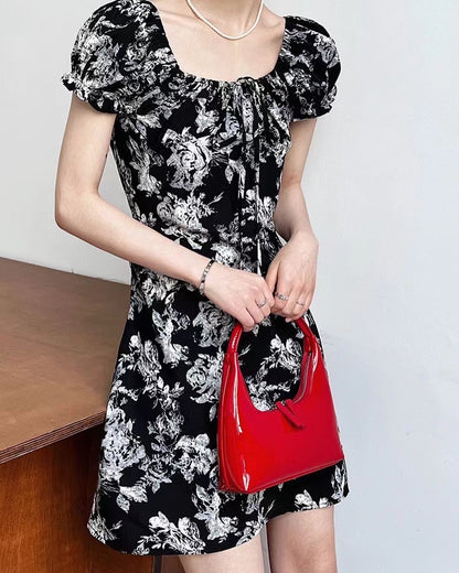 Square Neck Floral Short Dress