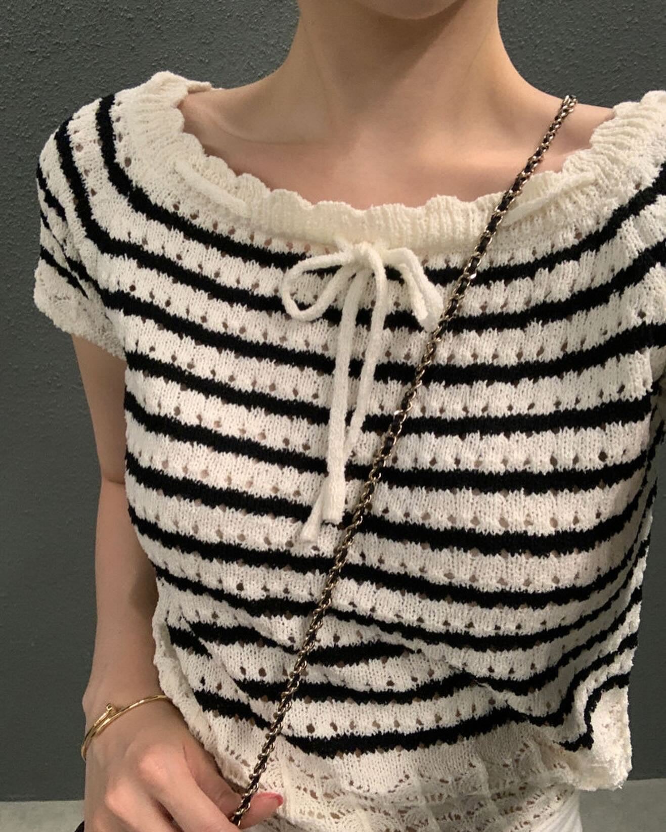 Striped Hollow Out Bow Tie Top